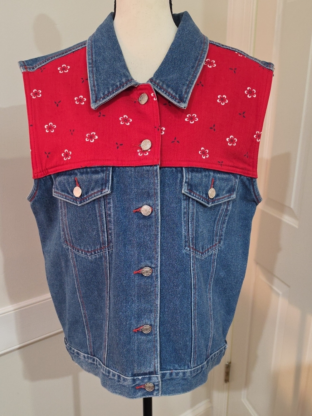 Vintage 90s Baccini Western Denim Vest - Red Bandana Panel - Size XL